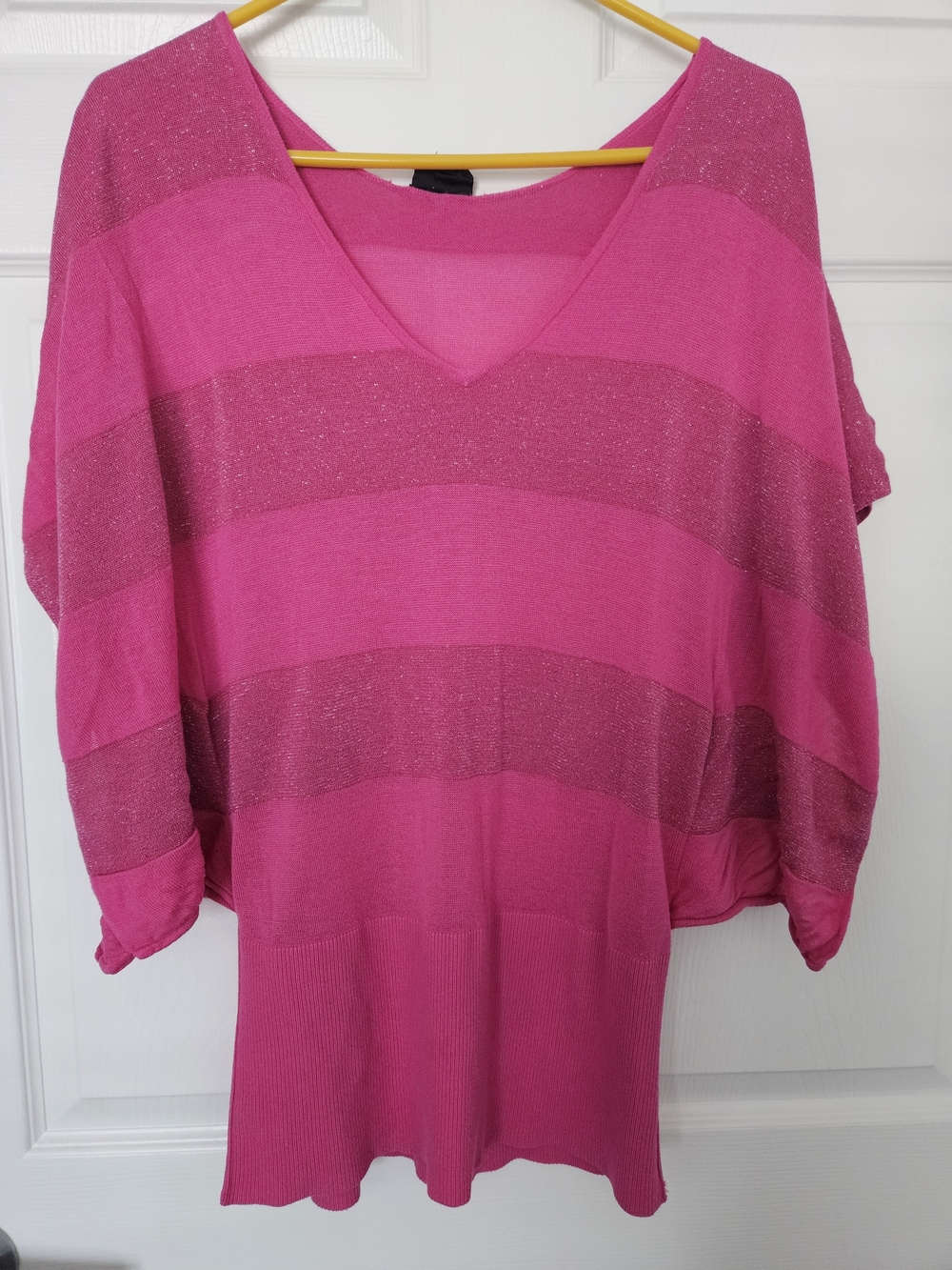 Nicole by Nicole Miller Hot Pink V-Neck Striped Knit Top